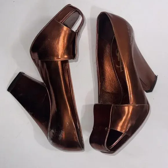 Yves Saint Laurent YSL Basket Orange Bronze Leather Designer Heels Sandals 37.5 - Picture 4 of 15
